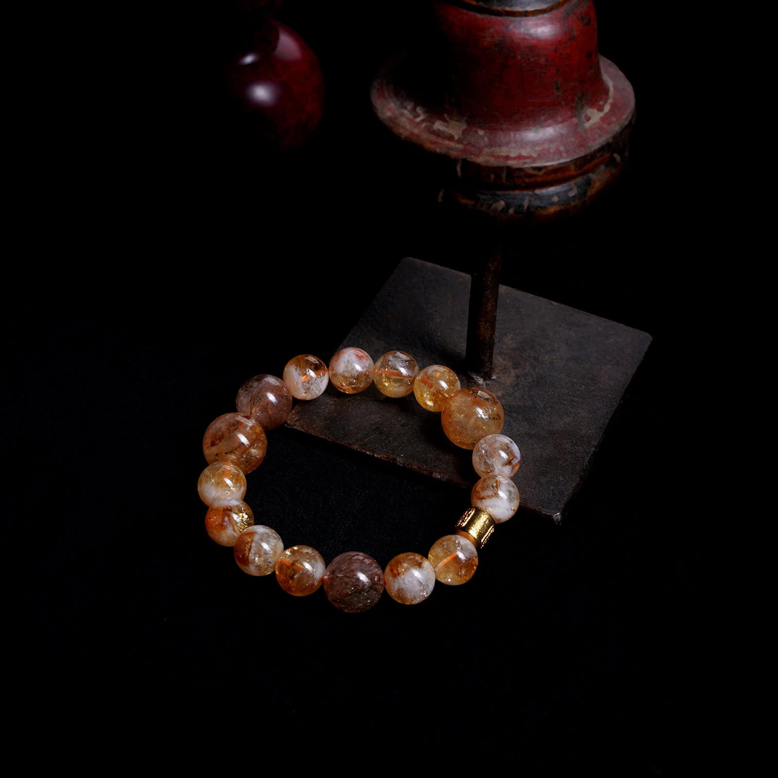 Abundance Trinity Bracelet - 11mm Pyramidal Citrine + 14mm Golden Rutilated + 14mm Black Gold Amethyst