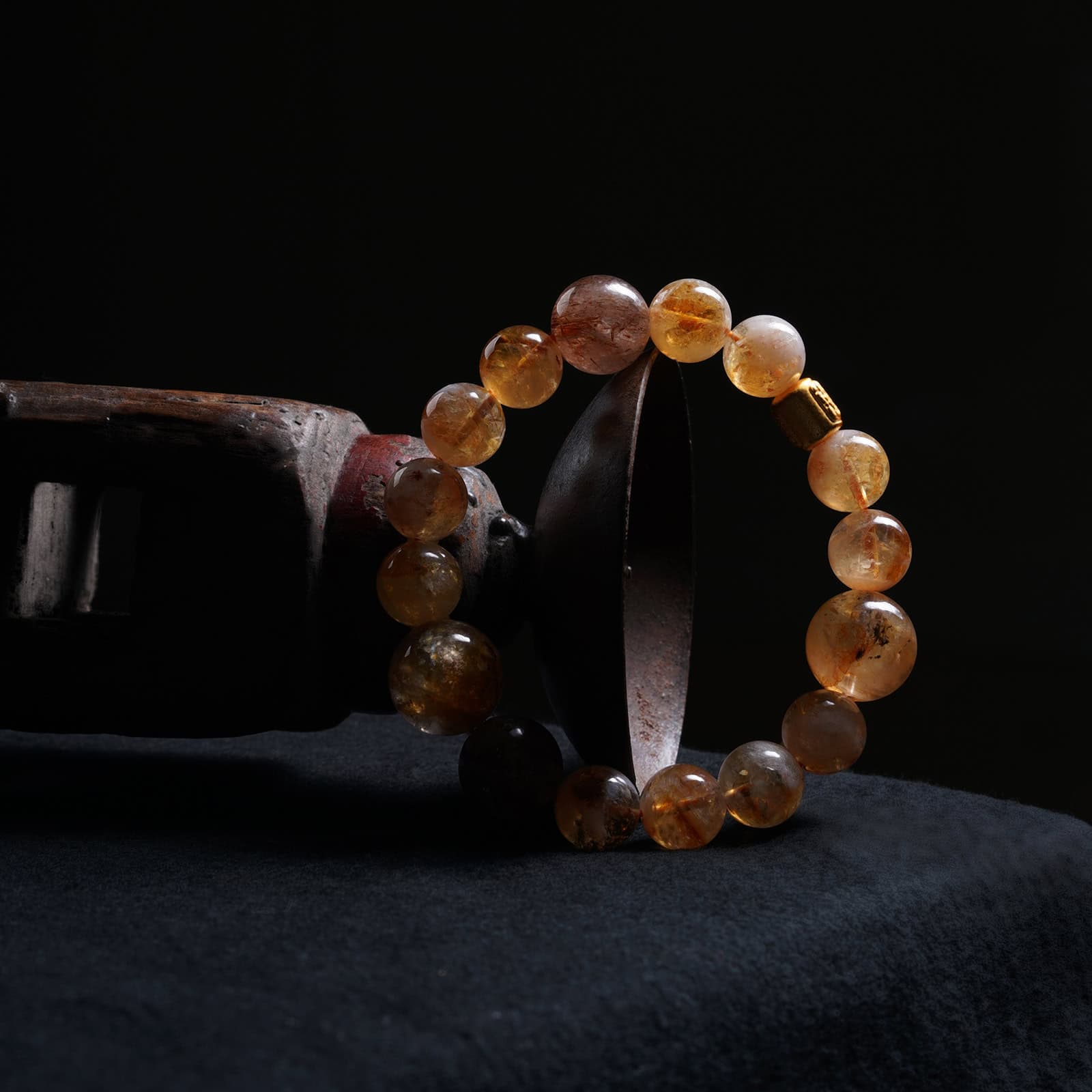 Abundance Trinity Bracelet - 11mm Pyramidal Citrine + 14mm Golden Rutilated + 14mm Black Gold Amethyst