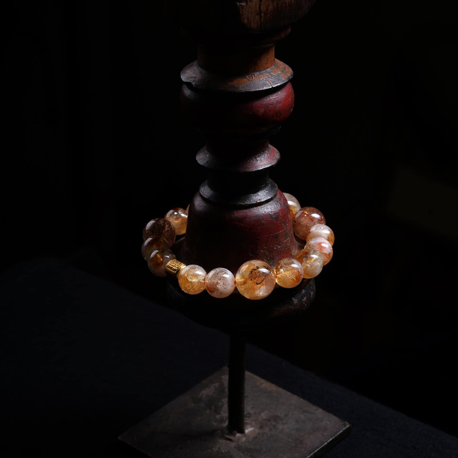 Abundance Trinity Bracelet - 11mm Pyramidal Citrine + 14mm Golden Rutilated + 14mm Black Gold Amethyst